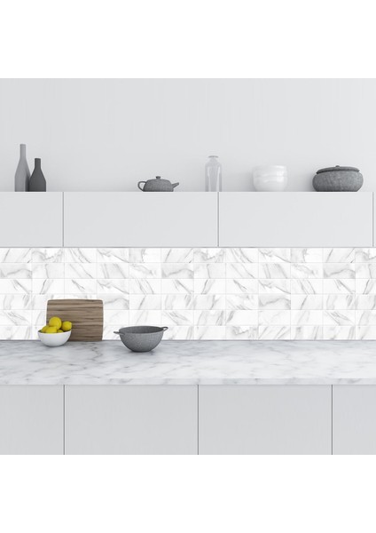 Mutfak Tezgah Arası Folyo Fayans Kaplama Folyosu Beyaz Mermer Duvar Karo 60 x 100 cm