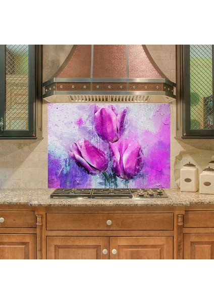 Mutfak Duvar Tezgah Arası Ocak Arkası Sticker Kaplama Mor Lale