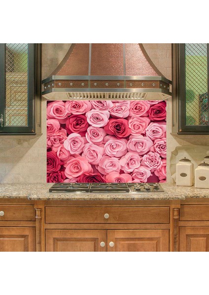 Mutfak Duvar Tezgah Arası Ocak Arkası Sticker Kaplama Pembe Güller