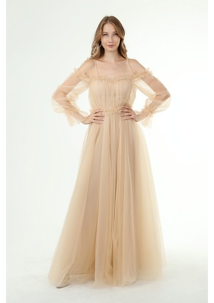 Abiye ve Mezuniyet Elbise Fırfır Detaylı Balon Kol Prenses Tül Abiye Elbise