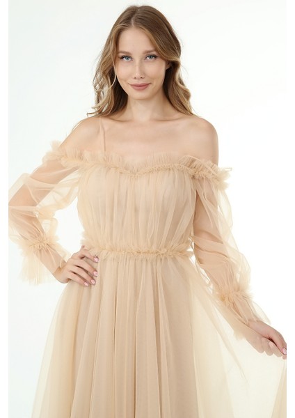 Abiye ve Mezuniyet Elbise Fırfır Detaylı Balon Kol Prenses Tül Abiye Elbise fiyatları