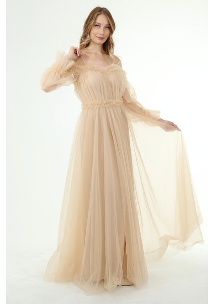 Abiye ve Mezuniyet Elbise Fırfır Detaylı Balon Kol Prenses Tül Abiye Elbise fırsatları