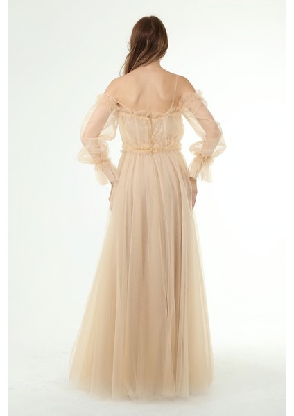 Abiye ve Mezuniyet Elbise Fırfır Detaylı Balon Kol Prenses Tül Abiye Elbise indirimleri