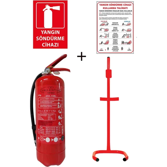 Valentino 6 Kg Yangın Tüpü, Yangın Tüpü Kullanım Talimatı, Yangın Tüpü Levhası, Ve C Tipi Sehpa 4'lü Set