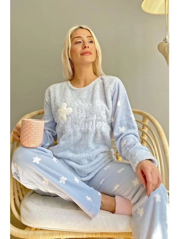 Pijama Evi Mavi Hello Winter Desenli Kadın Peluş Pijama Takımı