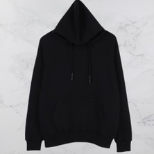 Amor Man Oversize Kapüşonlu Solmayan Siyah 4 Iplik Kalın Tam Kışlık Erkek Sweatshirt