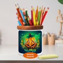 Halloween Gülümseyen Bal Kabağı Ahşap Seramik Kalemlik-21907376