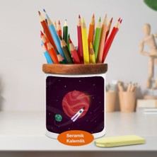 Asilmeydan Uzay Boşluğunda Gezegen ve Roket Ahşap Seramik Kalemlik-7959422