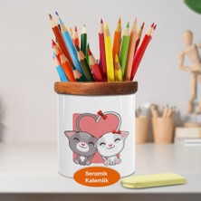 Asilmeydan Kalp Kuyruklu Kediler Ahşap Seramik Kalemlik - 1335-28