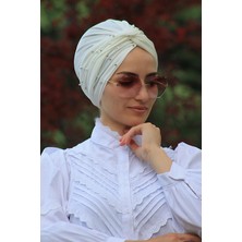 Amisos Bone Şal Incili Dolama Bone  Ekru ( Hazır Değildir Kendiniz Dolama Yapıyosunuz) - Özel Tasarım- Yeni Model Tesettür Giyim