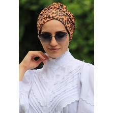 Amisos Bone Şal Desenli Çapraz Bone Leopar - Özel Tasarım- Yeni Model Tesettür Giyim