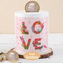 Asilmeydan Pembe Kalpler ve Çiçeklerle Love Yazılı Seramik Kumbara Çocuklara Uygun Hediye Fikri