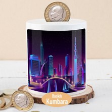 Asilmeydan Neon Işıklı Şehir Manzarası Baskılı Para Birikim Kumbarası -2824
