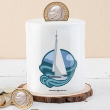 Asilmeydan Seramik Kumbara Denizdeki Beyaz Yelkenli Gemi Baskılı Çocuklara Uygun Hediye Fikri