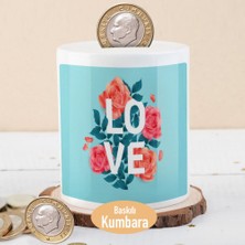 Asilmeydan Pembe Güller ve Love Yazılı Seramik Kumbara 27 cm Çapında Çocuklara Uygun Hediye