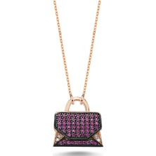 Romiyon Fuşya Zirkon Taşlı Çanta Kolye