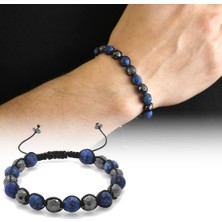 DAVİD BLACK Makrome Örgülü Küre Kesim Mat Lacivert Ceyd-Fasetalı Hematit Kombinli Doğaltaş Bileklik