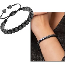 DAVİD BLACK Makrome Örgülü Altıgen Prizma Tasarım Hematit Doğaltaş Kadın Bileklik