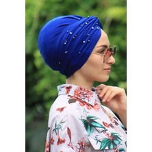 Amisos Bone Şal Incili Dolama Bone Saks Mavisi ( Hazır Değildir Kendiniz Dolama Yapıyosunuz) - Yeni Model Tesettür Giyim