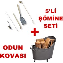 Essen Ticaret 5'li Şömine Seti (Gelberi, Maşa, Fırça, Kürek, Karıştırma Demiri) ve Mat Siyah Oval Odun Kovası