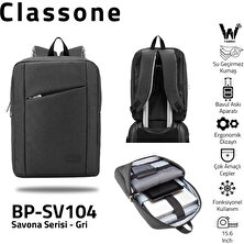 Classone BP-SV104 Savona Serisi WTXpro Su Geçirmez Kumaş 15.6" Notebook-Laptop Sırt Çantası-Gri