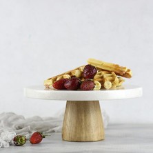 Akayev   Mermer 25 cm Konik Ahşap Ayaklı Beyaz Kalın Yuvarlak Sunum Tabağı