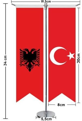 Asilmeydan Arnavutluk Bayrağı -Çift Başlı Kartal ve Türkiye -Saten T Direk 2li Masa Bayrağı