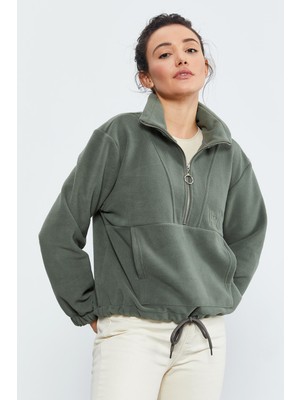 Çağla Yarım Fermuar Etek Ucu Büzgülü Kadın Polar Oversize Sweatshirt - 97171