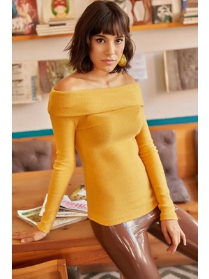 Kasheha Hardal Madonna Yaka Şardonlu Kaşkorse Uzun Kollu Bluz - KSH00011