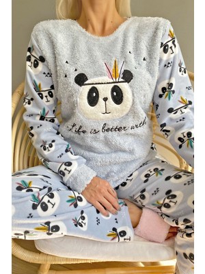 Pijama Evi Life Panda Desenli Kadın Peluş Pijama Takımı