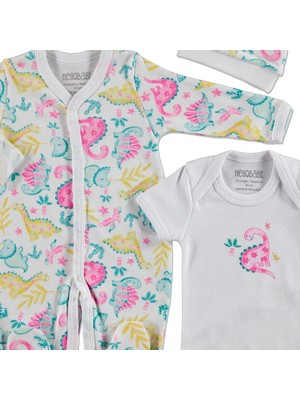 Hello Baby Kız Bebek Dinozor Interlok Uzun Kol Patikli Bebe Yaka 3'lü Tulum-Body-Şapka