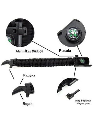 Paracord Survival Bileklik Bıçak Pusula Ateş Başlatıcı Magnezyum ve Ikaz Düdüğü