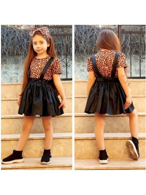 Cinarium Kız Çocuk Leopar Badi Elbise ve Bandana Kombin - Siyah - 2-3 Yaş
