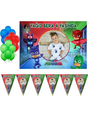 Hayaller Dükkanı Pj Maskeliler Afişli Kişiye Özel Doğumgünü Süsleme Seti HDTS107