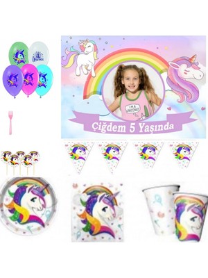 Hayaller Dükkanı Unicorn Afiş Li Ekonomik Doğum Günü Süsleri Masa Seti Parti Seti Full Set 8 Kişilik Fotoğraflı