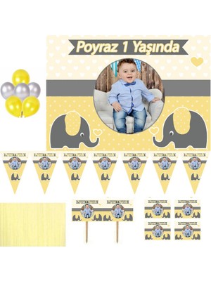 Hayaller Dükkanı Sarı Gri Fil Temalı Konsept 1-2-3 Yaş Doğum Günü Süsleri, Süsleme ve Magnet Seti