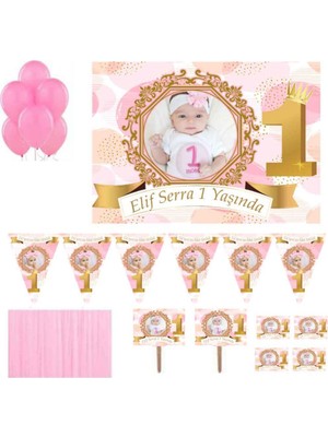 Hayaller Dükkanı 1 Yaş Altın Doğum Günü Süsleri Fotoğraflı Süsleme ve Magnet  Seti Kız Bebek HDTS142
