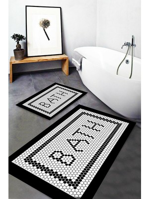 Soho Siyah Beyaz Bath Desenli Yıkanabilir Kaymaz Taban 2li Banyo Halısı Paspas Klozet Takımı