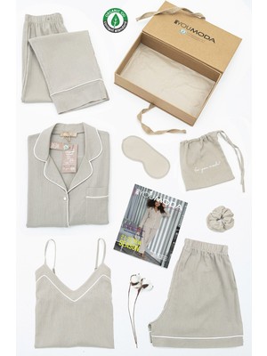 For You Moda Kadın Organik 7 Li Beyaz Biyeli Pijama Takımı Taş