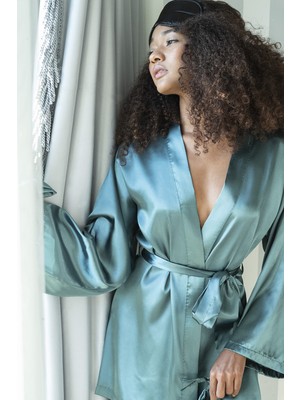 For You Moda Saten 8'li Sabahlıklı Dantelli Pijama Takımı Yeşil S26750