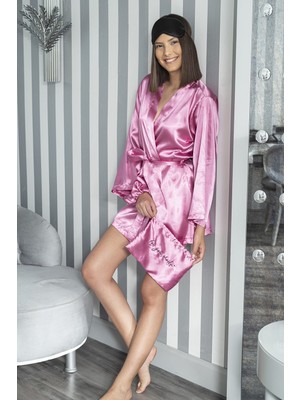 For You Moda Kadın Saten 8 li Sabahlıklı Dantelli Pijama Takımı Şeker S26752
