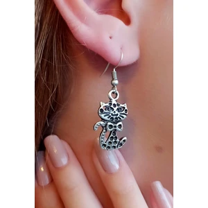 Fildişi Aksesuar Antik Gümüş Kaplama Papyonlu Kedi Şekilli El Yapımı Çift Küpe