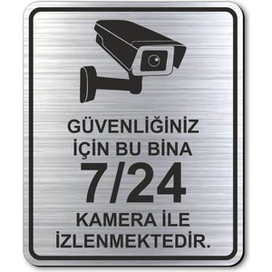 Hediyem Yolda Kamera ile Izlenmektedir Kapı Yönlendirme Levhası 10 cm x 12 cm Gümüş Renkli Rezopal Levha