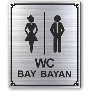 Hediyem Yolda Wc Bay Bayan Tuvalet Kapı Yönlendirme Levhası 10 cm x 12 cm Gümüş Renkli Rezopal Levha