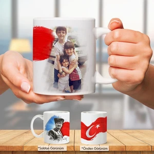 Kişiye Özel Atatürk ve Bayrak Temalı Fotoğraf Baskılı Çift Yön Kişiye Özel Hediyelik Kupa Bardak
