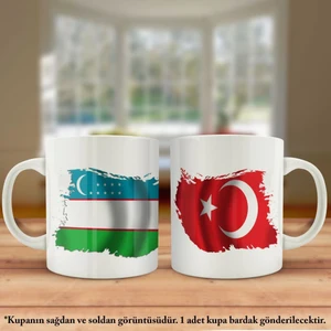 Asil Hediyelik Çift Yön Baskılı Özbekistan Bayrağı ve Türkiye Bayrağı Kupa Bardak