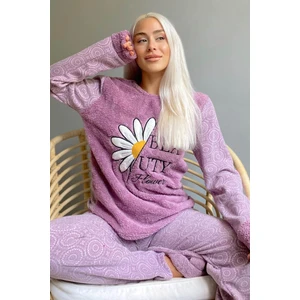 Pijama Evi Mor Papatya Desenli Kadın Peluş Pijama Takımı