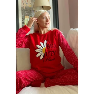 Pijama Evi Papatya Desenli Kadın Peluş Pijama Takımı