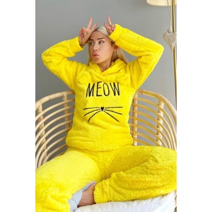 Pijama Evi Meow Desenli Tam Peluş Pijama Takımı