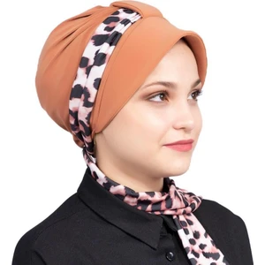 Amisos Bone Şal Leopar Atkılı Bone Hardal - Özel Tasarım- Yeni Model Tesettür Giyim